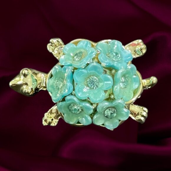 Vintage Blue Flower Gold Tone Turtle Brooch 1960s Cute Figural Pin - Picture 1 of 15
